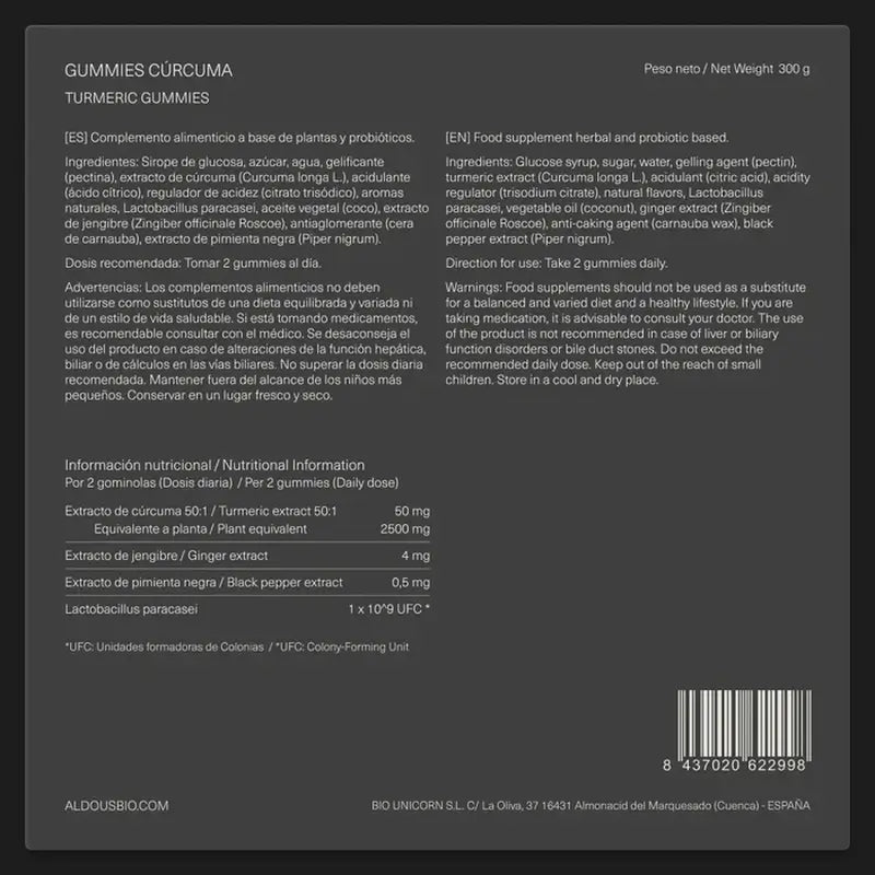 Aldous Bio Cúrcuma com Gengibre e Pimenta Preta + Probióticos, 120 gomas