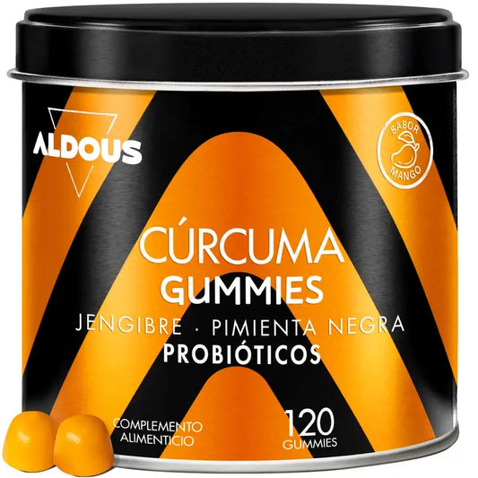 Aldous Bio Cúrcuma com Gengibre e Pimenta Preta + Probióticos, 120 gomas