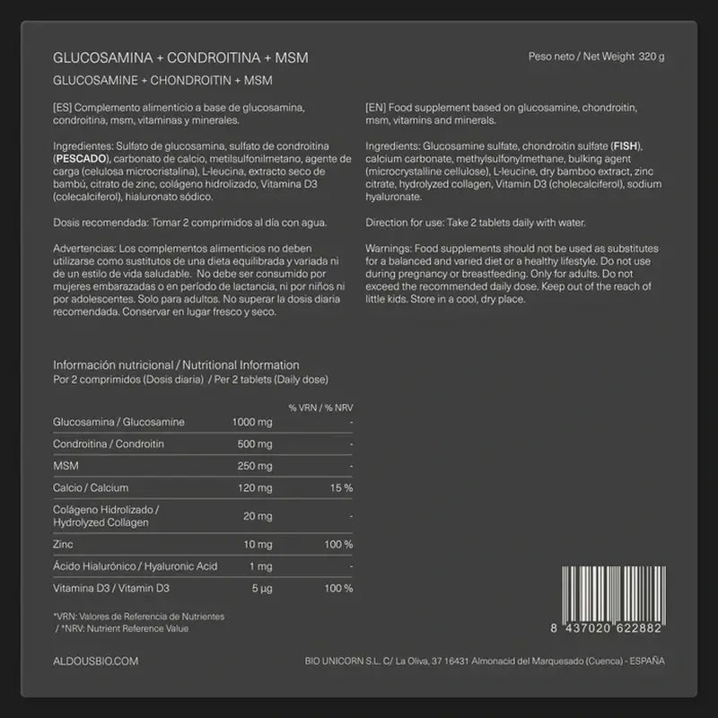 Aldous Bio Glucosamina, Condroitina, Msm, Colagénio, Ácido Hialurónico, Zinco, Cálcio e Vitamina D3 , 200 comprimidos