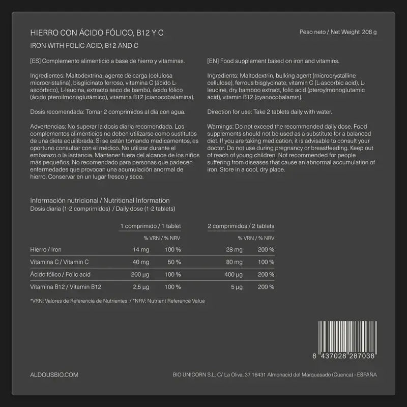 Aldous Bio Iron Vitamina C, B12 e Ácido Fólico , 200 cápsulas