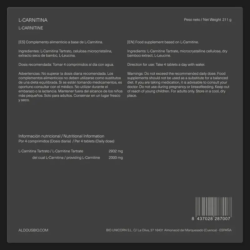 Aldous Bio L Carnitina 2000Mg Pré-treino e Suplemento de Recuperação Muscular, 200 Comprimidos