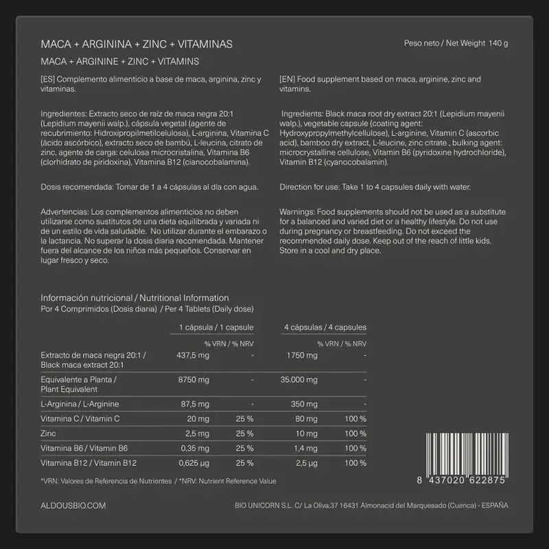 Aldous Bio Peruvian Black Maca Complex Arginina, Zinco, Vitamina C, B12 & B6 , 200 cápsulas