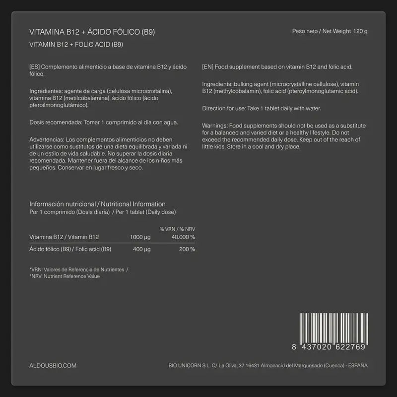 Aldous Bio Vitamina B12 com Ácido Fólico , 400 comprimidos