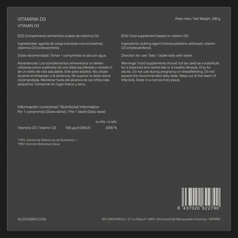 Aldous Bio Vitamina D3 4000 Ui Aldous, 500 comprimidos