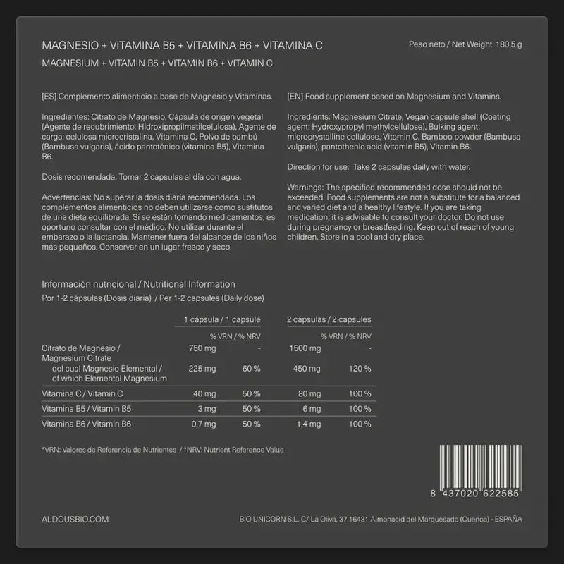 Aldous Labs Suplemento Alimentar Magnésio com Vitamina C, B5 e B6 , 200 cápsulas