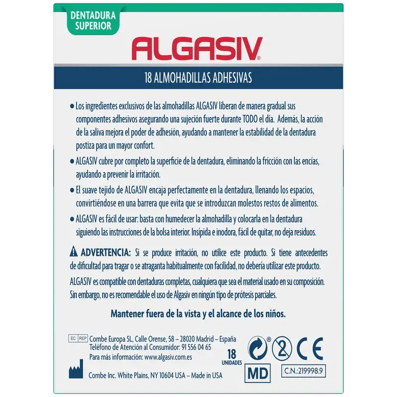 ALGASIV ADESIVO ALMOFADAS DENTADURA SUPERIOR 18 UNIDADES
