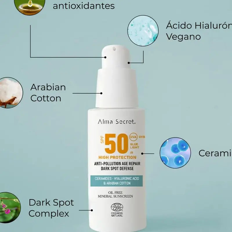 Alma Secret Solar Facial Protetor solar natural Spf 50 com ceramidas, anti-manchas e sem óleo