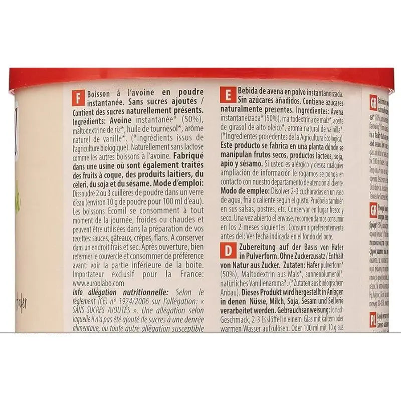 Leite de aveia em pó de amêndoa Ecomil Nature 400Gr.