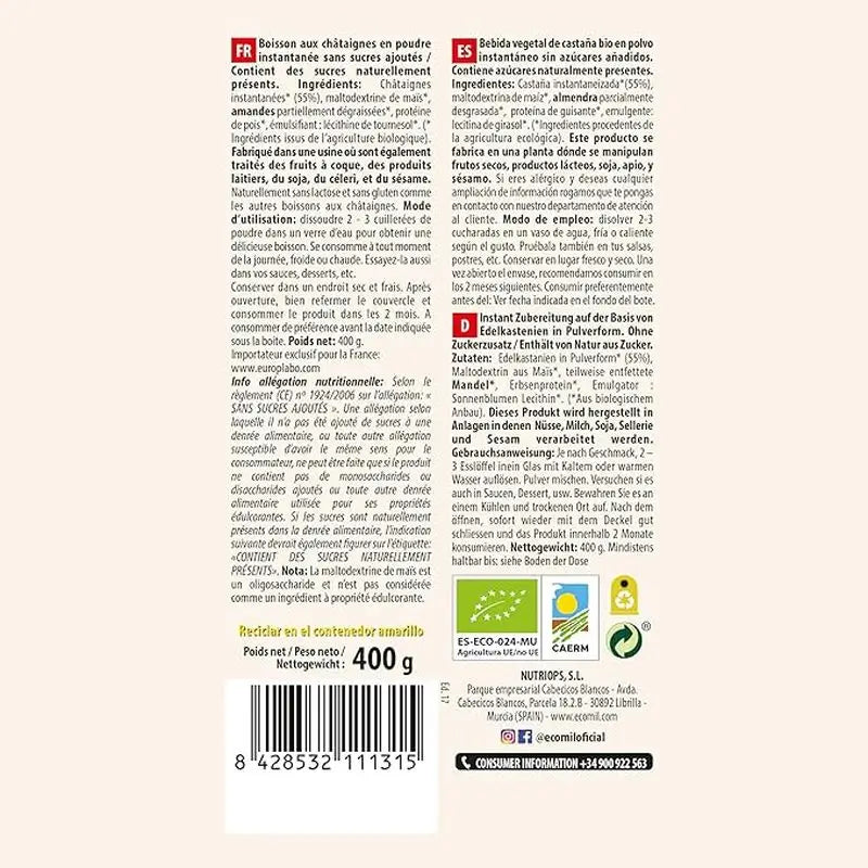Leite em pó de amêndoa Ecomil Castanha 400Gr. Bio
