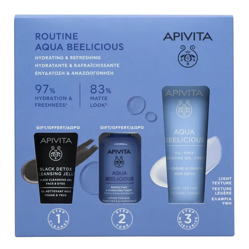 Apivita Aqua Beelicious Creme, 40 Ml + Gel Hidratante Oil Free Black Detox, 15Ml + Tónico Aperfeiçoador, 50Ml