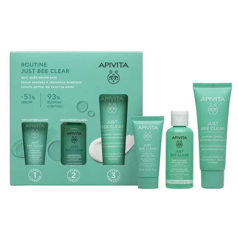Apivita Just Bee Clear + Gel de Limpeza 15Ml + Loção Purificante 50Ml