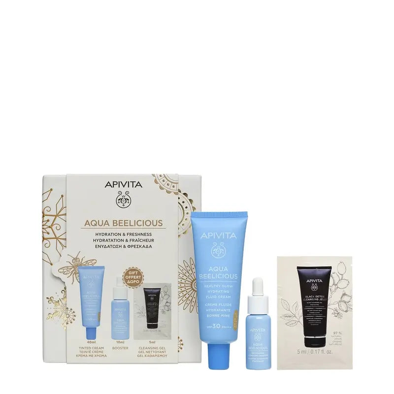 Apivita Promo Aqua Beelicious Creme Fluido Hidratante Luminoso Spf 30 Com Cor, 40 ml + Sérum Grátis 10 ml + Black Detox 5 ml