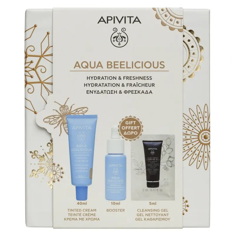 Apivita Promo Aqua Beelicious Creme Fluido Hidratante Luminoso Spf 30 Com Cor, 40 ml + Sérum Grátis 10 ml + Black Detox 5 ml