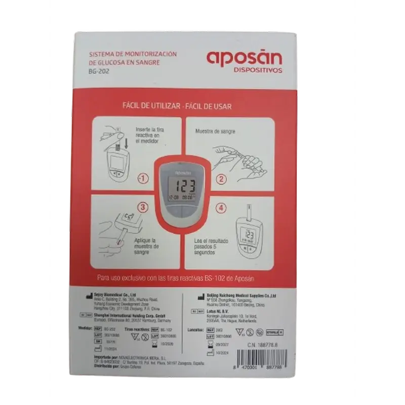 Aposan Sistema de controlo da glucose no sangue Bg-02, 10 lancetas + 10 tiras