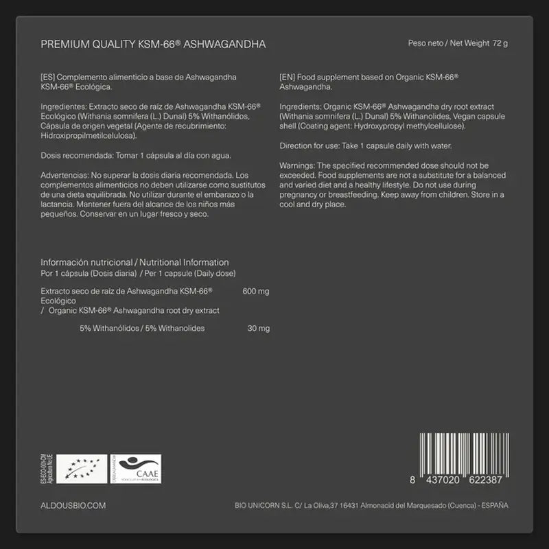 Orgânico Aldous Ashwagandha KSM-66, 600mg