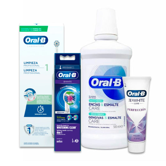 Oral-B Whitening Set: Escova de dentes eléctrica + recargas 3 peças + pasta de dentes 3D White 75 ml + elixir para gengivas e esmalte 500ml