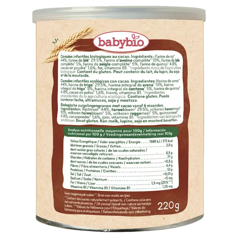 Babybio 5 Cereais com Cacau, embalagem de 2 x 220 g