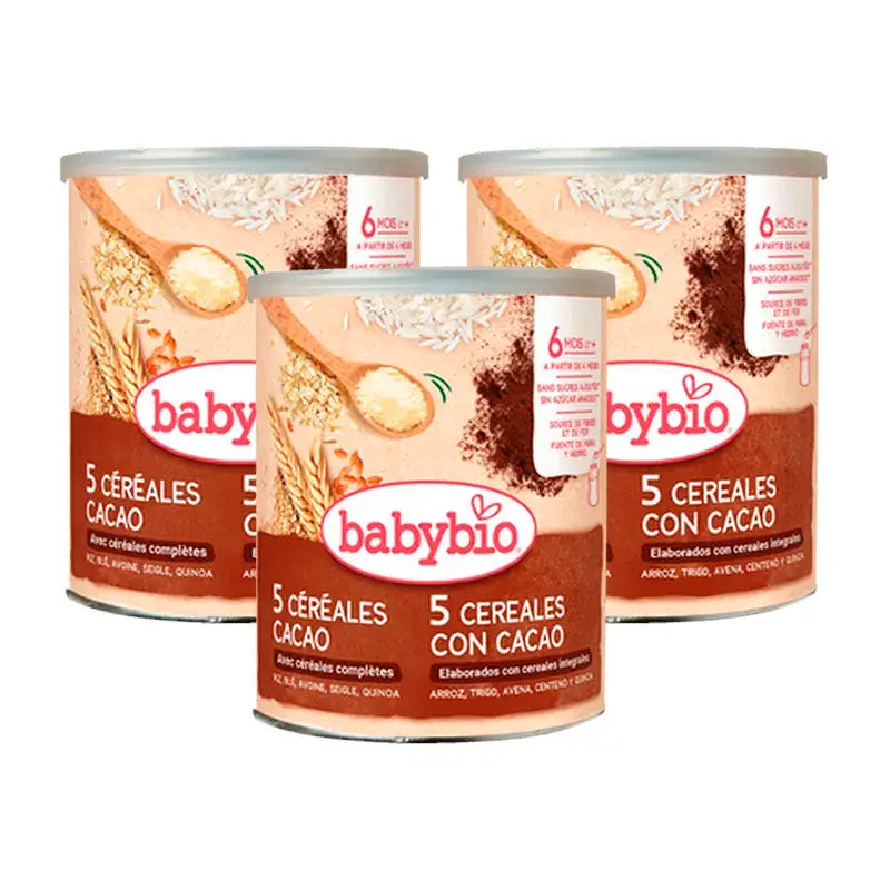 Babybio 5 Cereais com Cacau, embalagem de 3 x 220 gramas