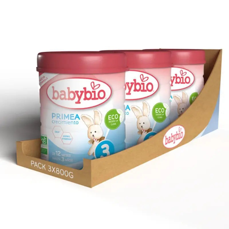 Babybio Primea 3 Leite de vaca para crescimento 12-36 meses, embalagem de 3 x 800 gramas