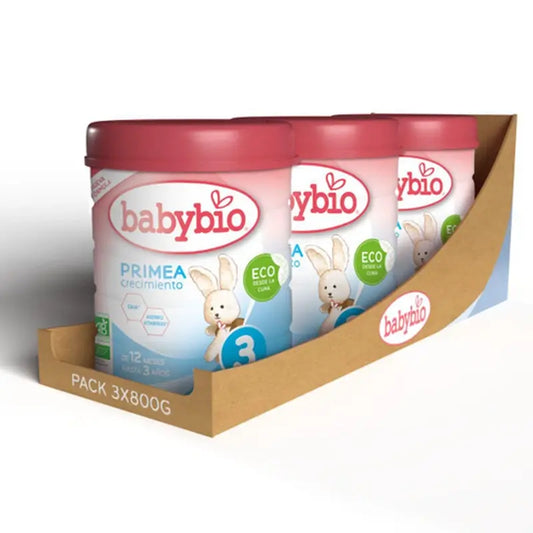Babybio Primea 3 Leite de vaca para crescimento 12-36 meses, embalagem de 3 x 800 gramas