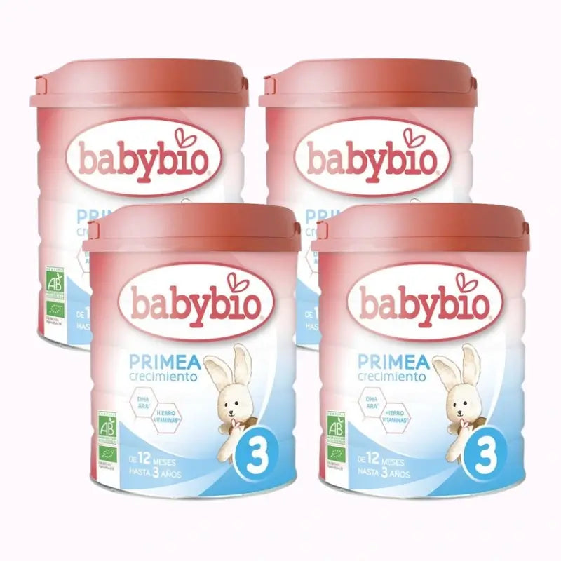 Babybio Primea 3 Leite de vaca para crescimento 12-36 meses, embalagem de 4 x 800 gramas