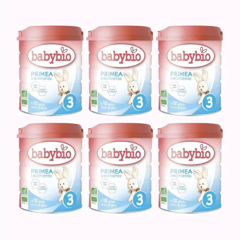 Babybio Primea 3 Leite de vaca para crescimento 12-36 meses, embalagem de 6 x 800g