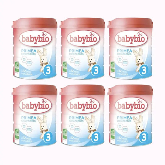 Babybio Primea 3 Leite de vaca para crescimento 12-36 meses, embalagem de 6 x 800g