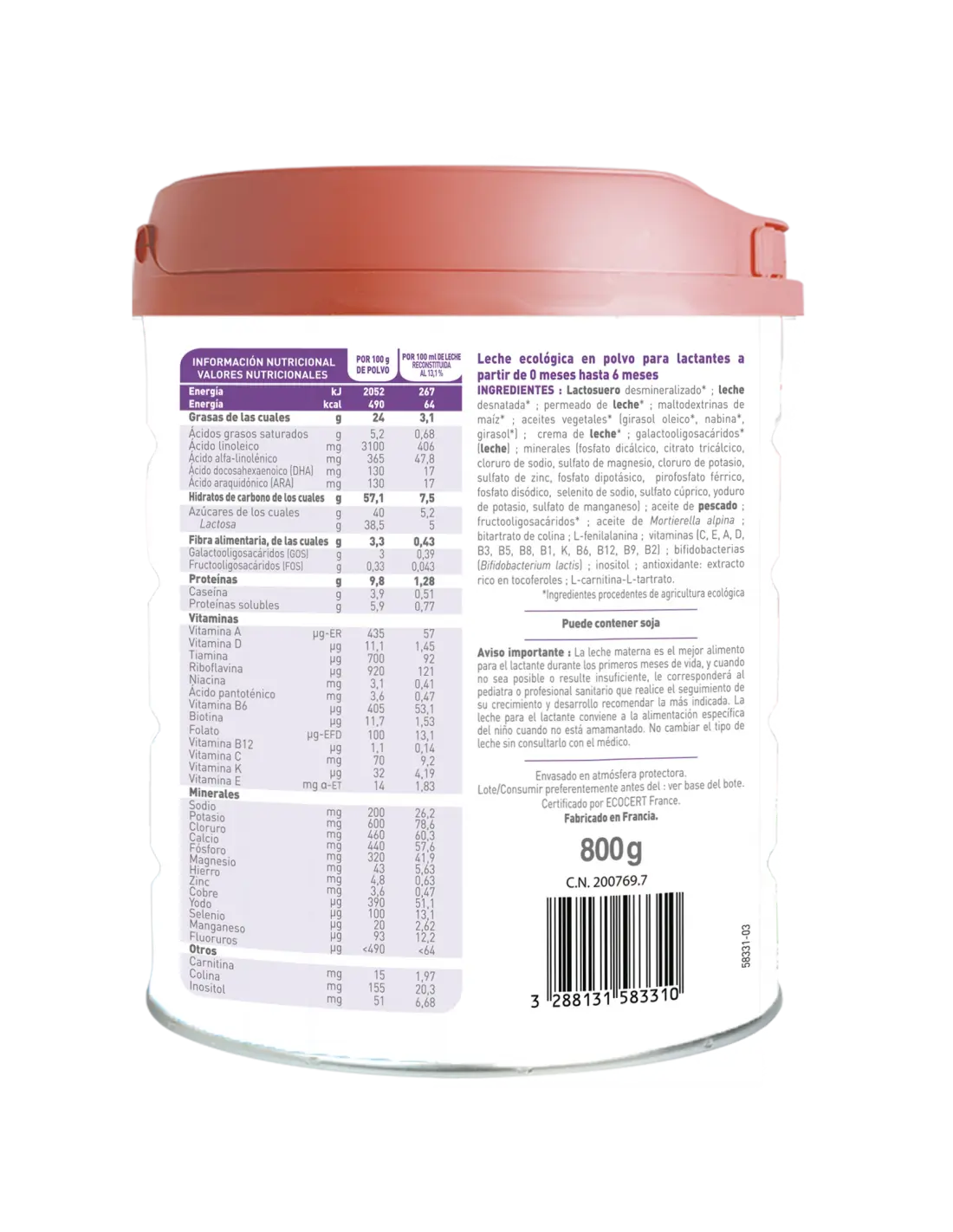 Babybio Optima 1 Leite de Vaca 0-6 Meses, 800 g