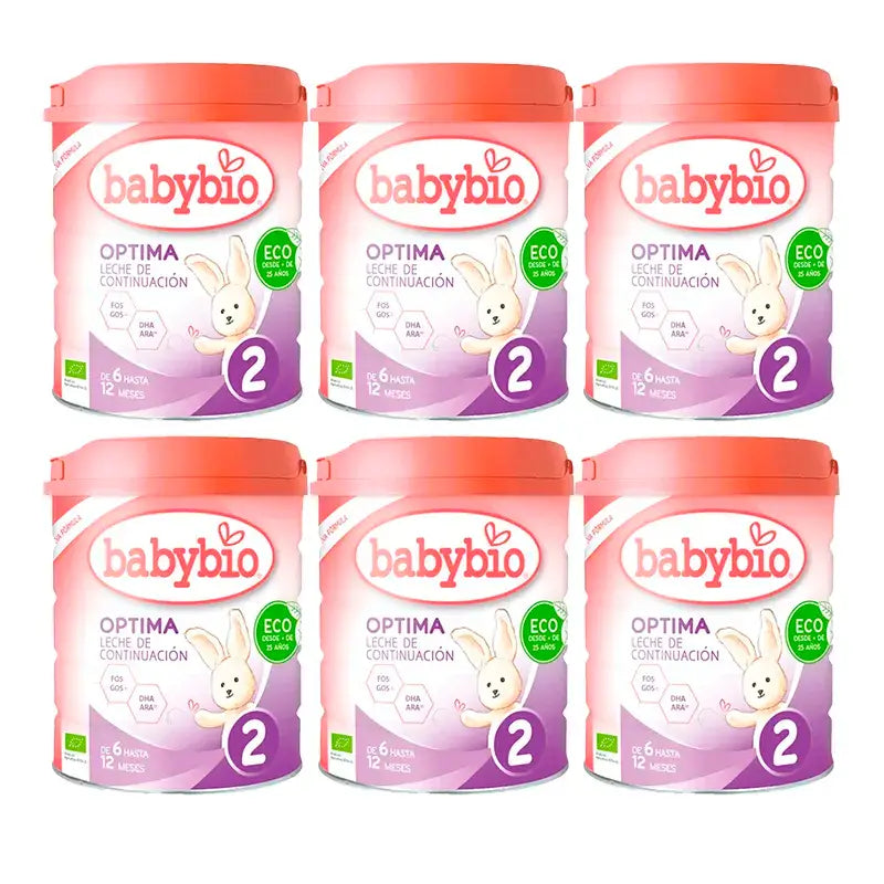 Babybio Optima 2 Leite de vaca 6-12 meses, embalagem de 6 x 800 gramas