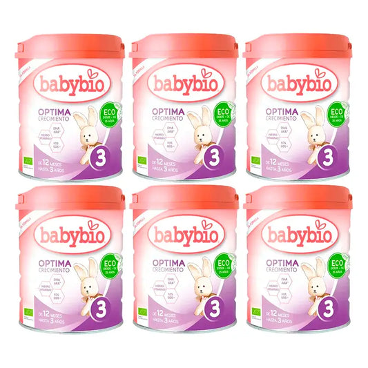 Babybio Optima 3 Leite de vaca 12-36 meses, embalagem de 6 x 800 gramas