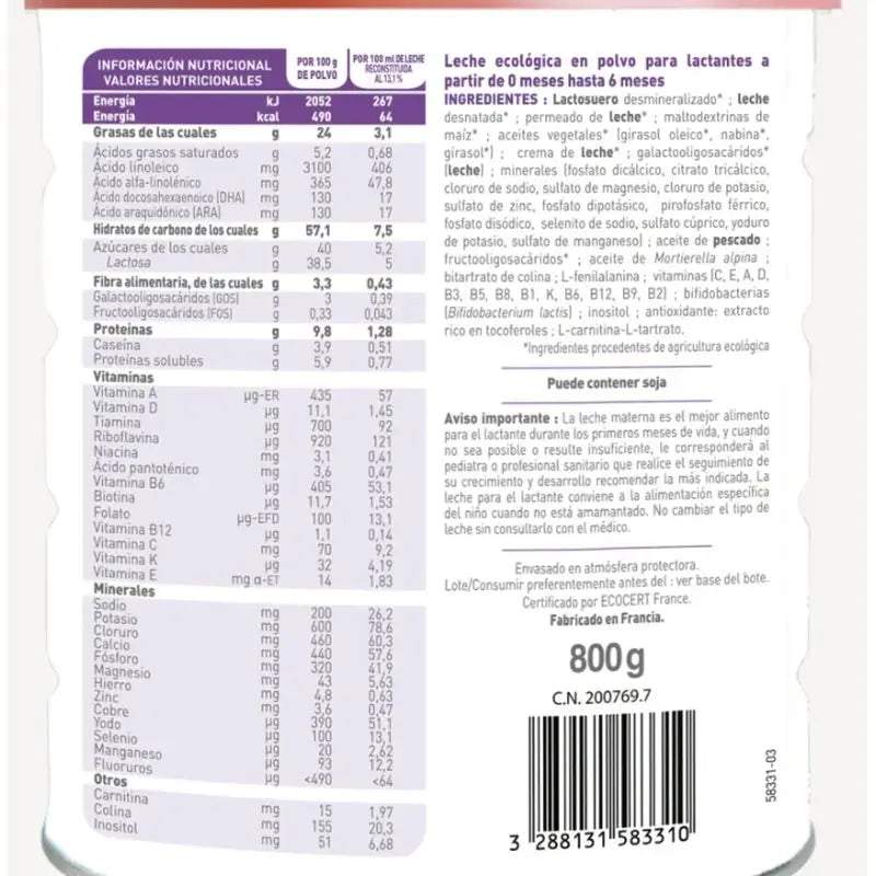 Babybio Optima 1 Leite de vaca 0-6 meses, embalagem de 8 x 800g