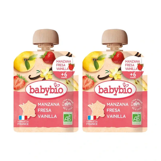 Babybio Pouch Maçã Morango Baunilha, embalagem de 2 x 90 gramas