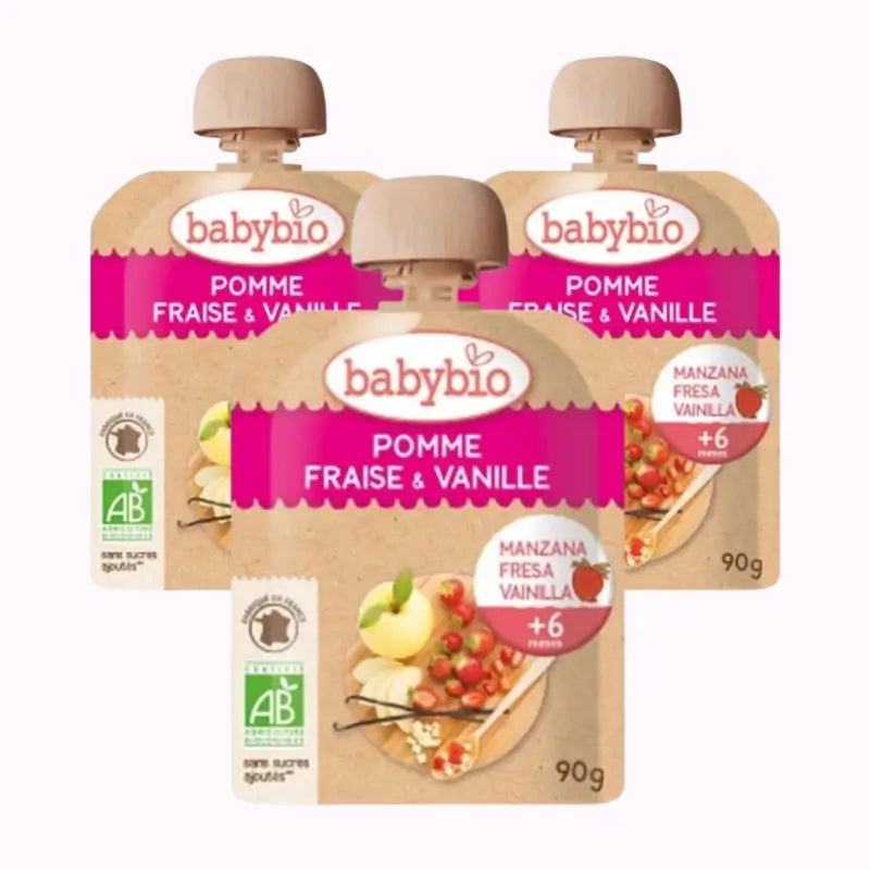 Babybio Pouch Maçã Morango Baunilha, embalagem de 3 x 90 gramas