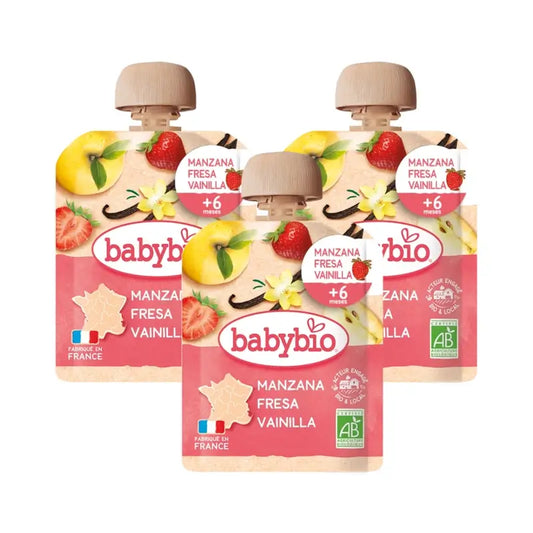 Babybio Pouch Maçã Morango Baunilha, embalagem de 3 x 90 gramas