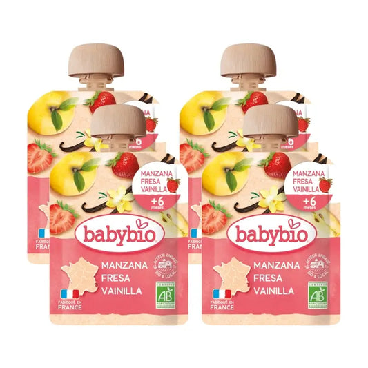 Babybio Pouch Maçã Morango Baunilha, embalagem de 4 x 90 gramas