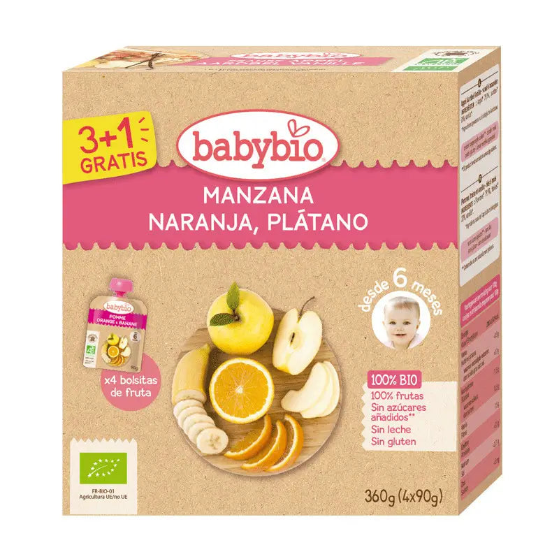 Babybio Pouche Maçã Laranja Banana Orange Bio, 4x90g