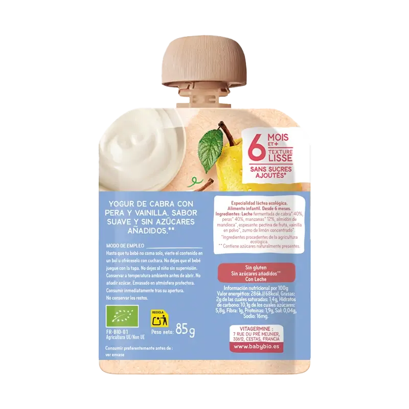 Babybio Pouche Cabram Iogurte de pera e baunilha, 85 g