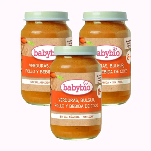 Bebébio Vegetais Bulgur Frango & Bebida de Coco, Embalagem 3 x 200 gramas