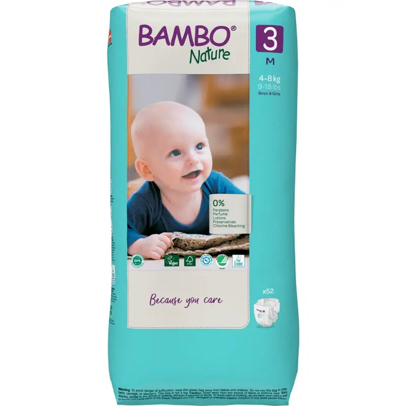 Fraldas Bambo Nature Tamanho 3 (4-8 Kg), 52 unidades.