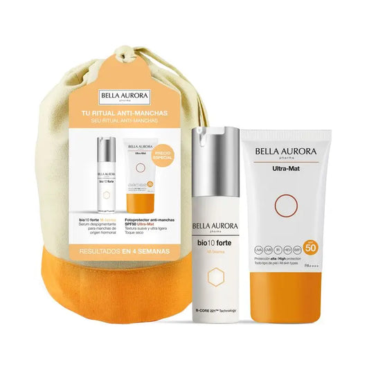 Pack Bella Aurora Anti-Blemish Bio10 Forte M-Lasma + Fotoprotector Ultra Mat + Saco de oferta, 30 + 50 ml