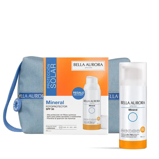 Bella Aurora Anti-Blemish Mineral Photoprotector Spf50 + Jean Toiletry Bag Gift Set, 50 ml