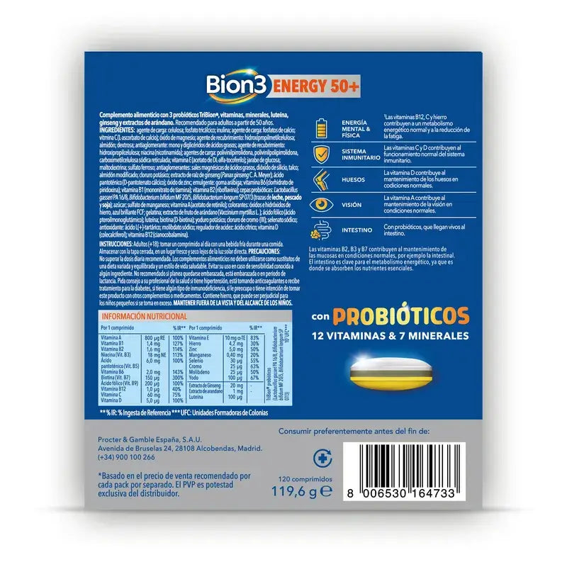 Bion3 Energy 50+ Multivitaminas com Probióticos, 120 comprimidos