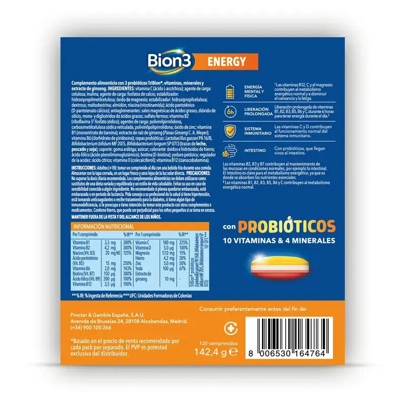 Bion3 Energy Multivitamin Tablets com Probióticos, 120 comprimidos