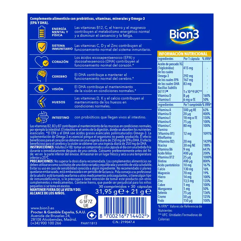 Bion3 Multi & Omega-3 com Probióticos, 60 cápsulas