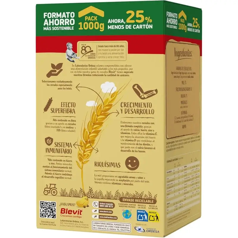 Comida para bebé Blevit Superfibra 8 Cereais e Mel, 1000 grs.