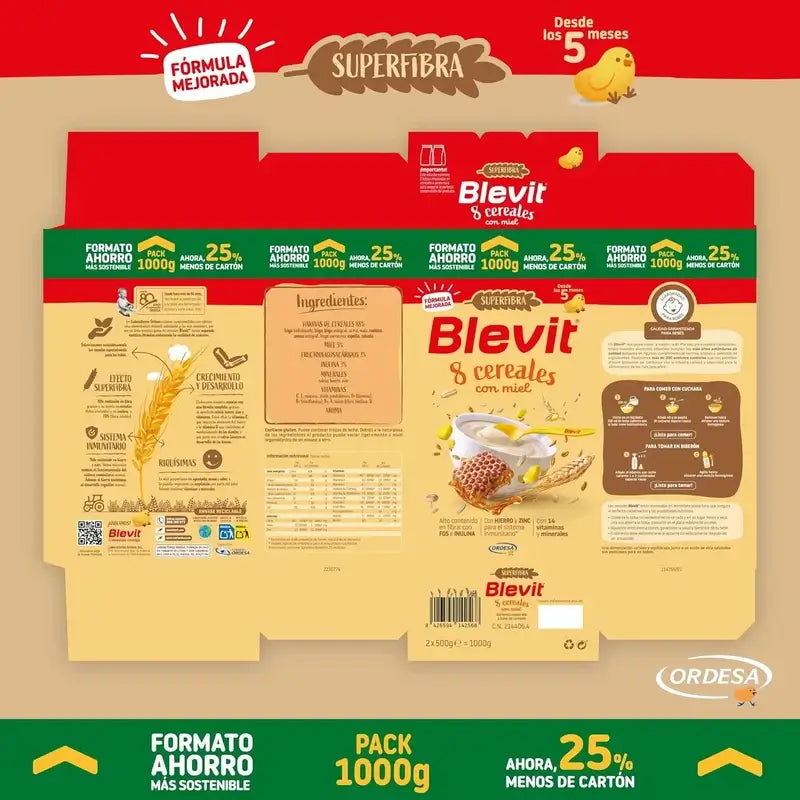 Comida para bebé Blevit Superfibra 8 Cereais e Mel, 1000 grs.
