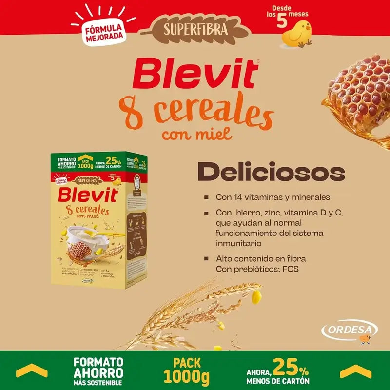 Comida para bebé Blevit Superfibra 8 Cereais e Mel, 1000 grs.