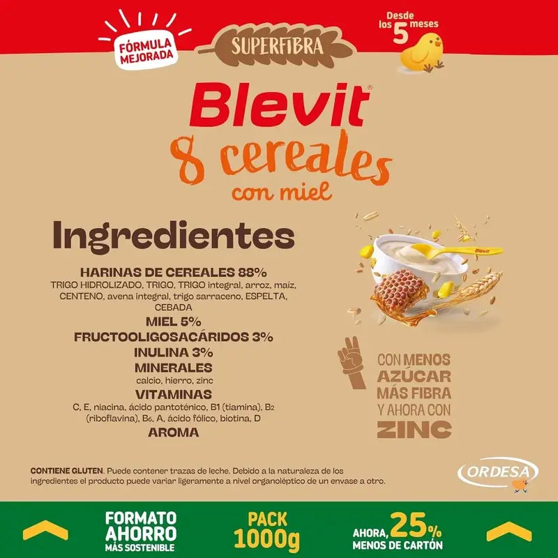 Comida para bebé Blevit Superfibra 8 Cereais e Mel, 1000 grs.