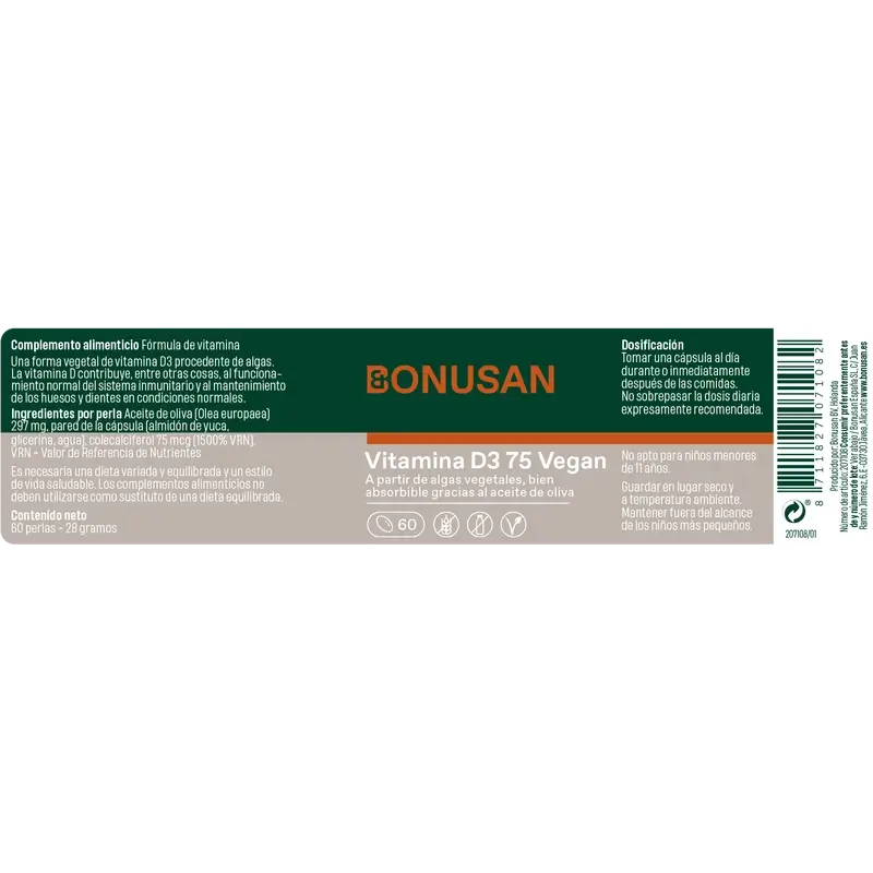 Bonusan Vitamina D3 75 Vegan, 60 pérolas