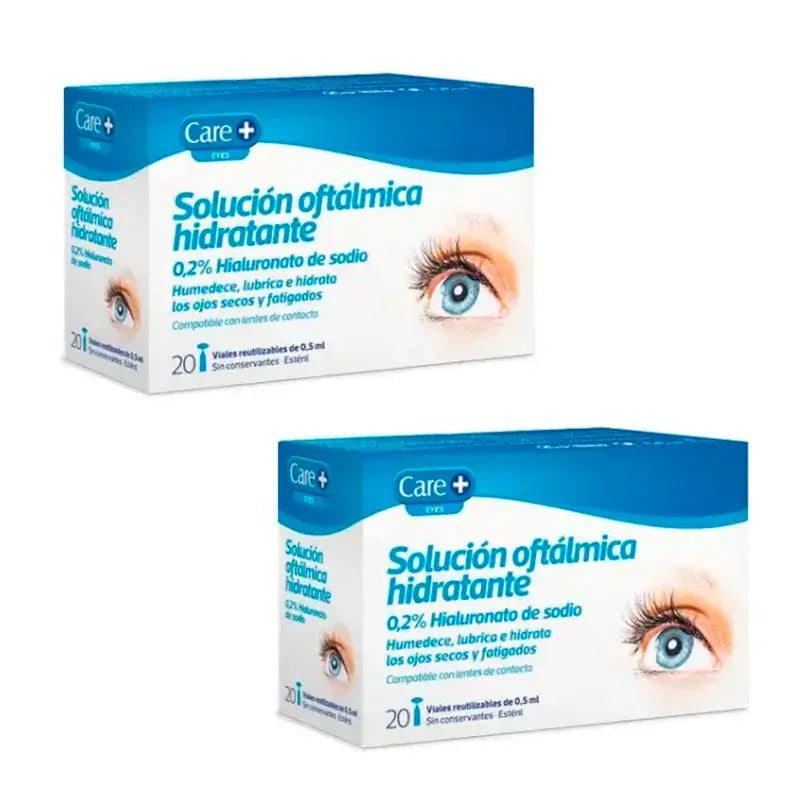 Care+ Moisturising Ophthalmic Solution, embalagem de 2 x 20 unidades.